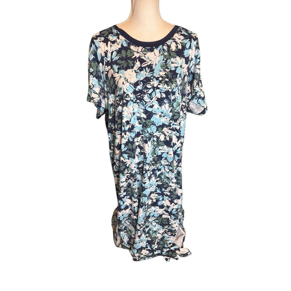 Cuddl Duds Navy Blue Floral Lounge Dress Short Sleeve Slit Hem - Size 3X